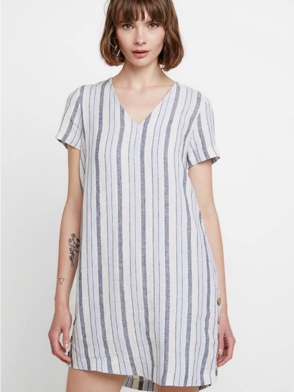 Madewell Blue & White Linen Striped V-Neck Shift Dress